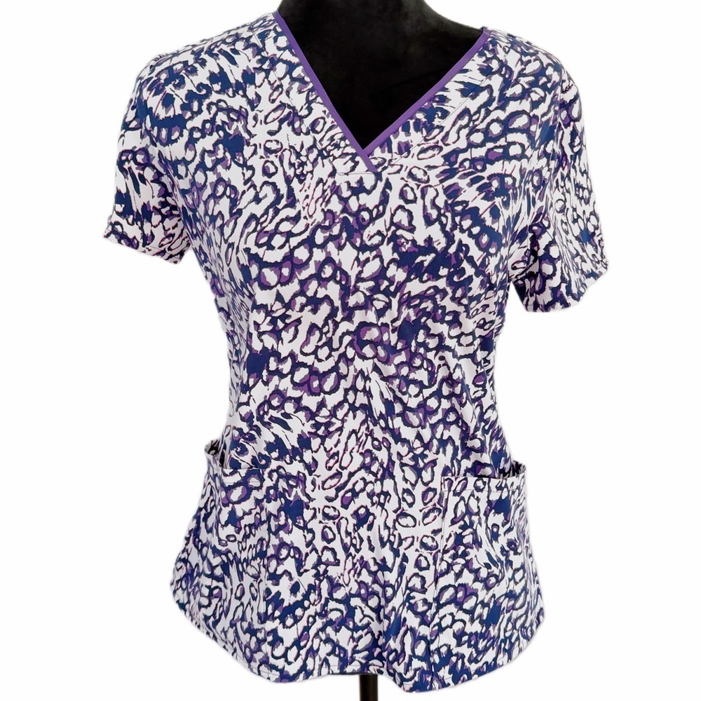 Healing Hands- Premiere Purple and White Leopard Print V-Neck Scrub Top